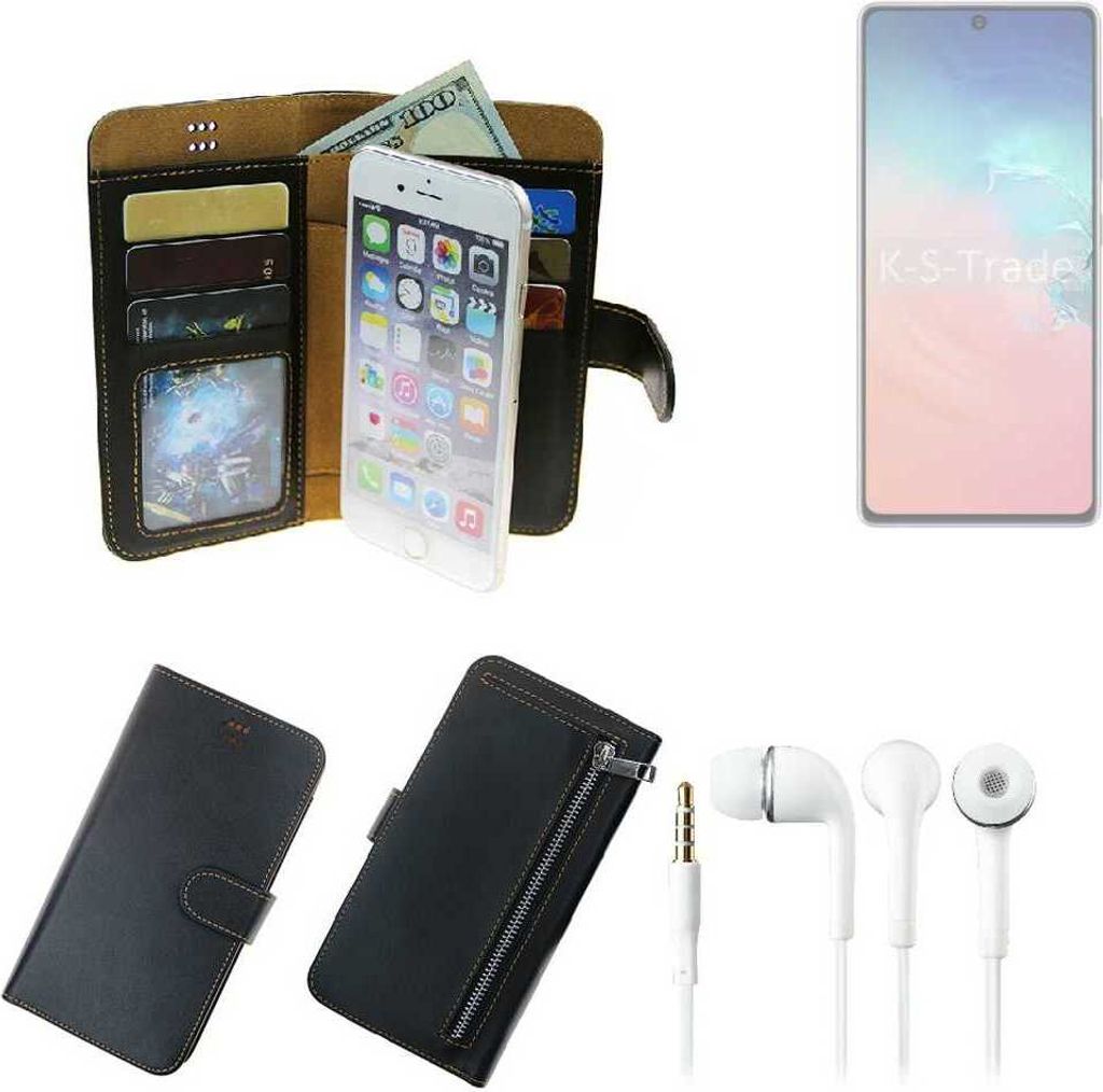 TOP SET Handy Hülle Schutz Hülle kompatibel mit Samsung Galaxy S10 Lite schwarz aus Kunstleder + Kopfhörer Smartphone Tasche vollwertige