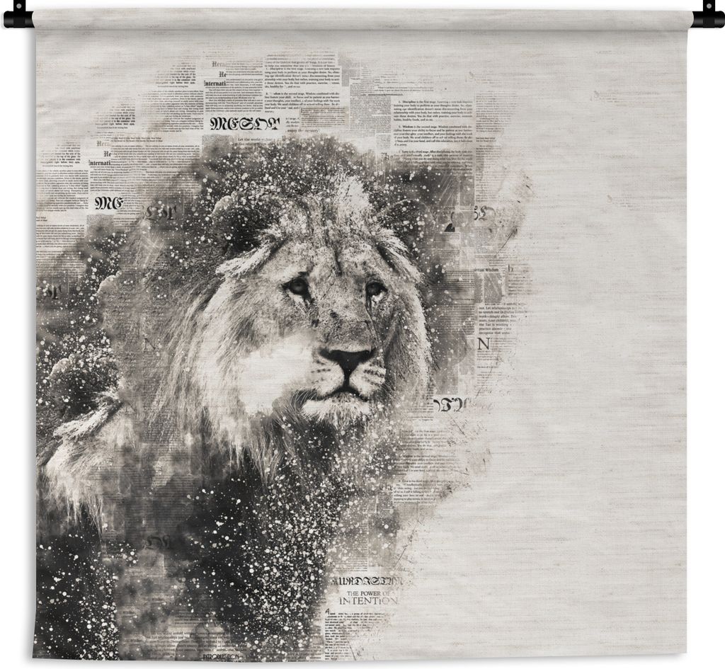MuchoWow Wandteppich Wandbehang Löwe - Zeitung - Schwarz - Weiß 150x150 cm Tapisserie Dekoration Wandtuch - Wohnaccessoires - Modernes