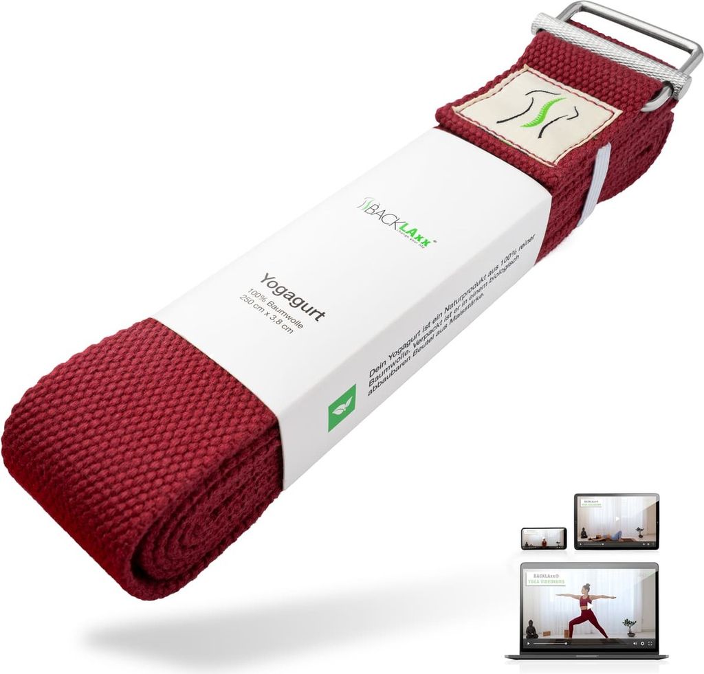 BACKLAxx Yoga Gurt Baumwolle inkl. Anwendungsvideos - Nachhaltiges Yoga Band 250 cm lang mit praktischem Verschluss aus Metall - Ideal zum Yoga, ...