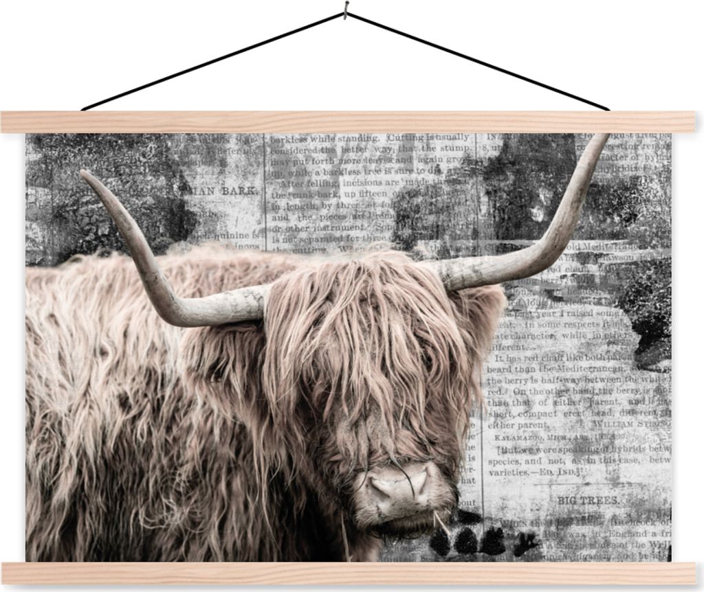 MuchoWow Textilposter Schottisches Hochlandrind - Kuh - Retro 120x80 cm mit holzfarbenen Rahmen - Aufhängeset