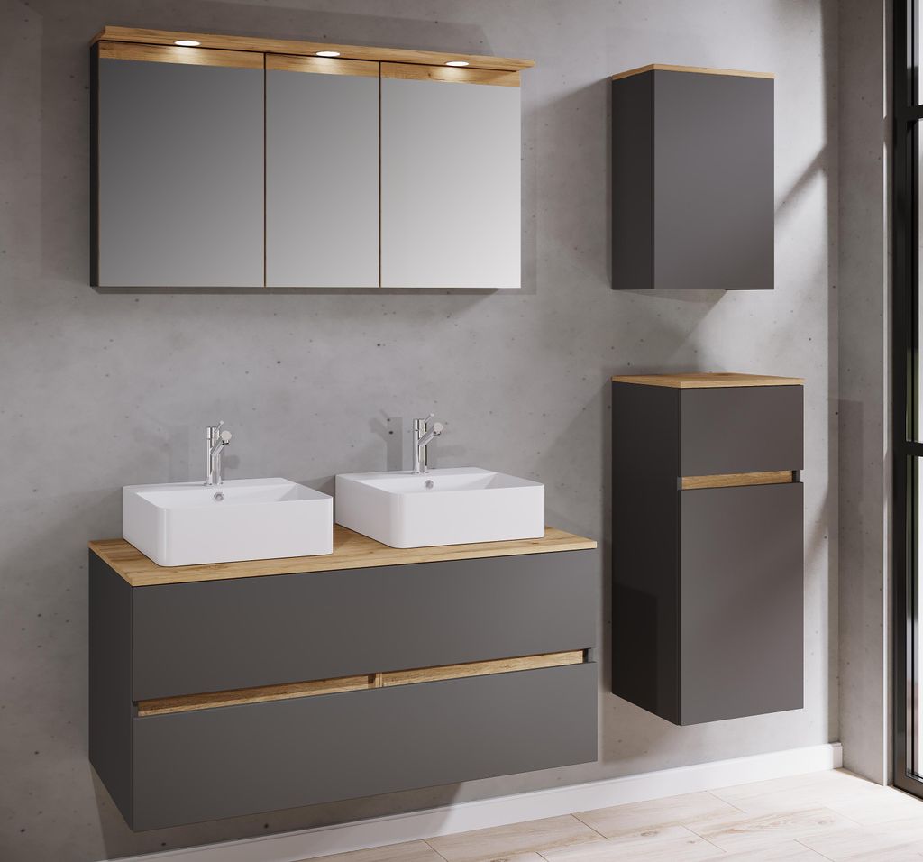 VCM 6-tlg. Doppelwaschtisch Cosila mit 2 Keramikbecken – Badschrank H. 51 x B. 111 x T. 51 cm mit 2 Softclose-Schubladen, Spiegelschrank mit Bel...
