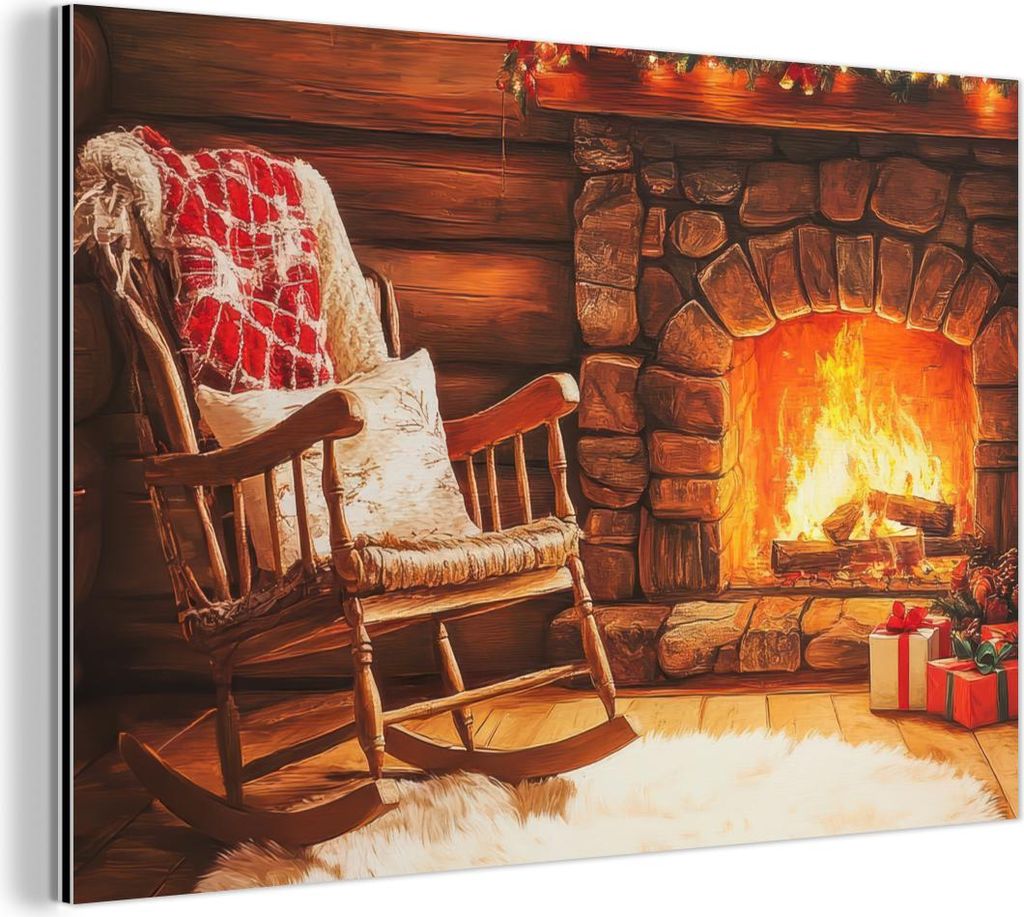 MuchoWow Wanddekoration Metall Metallbild Wandkunst 90x60 cm Winter - Weihnachten - Zuhause - Kamin MuchoWow Aluminium Gemälde - Wandbilder
