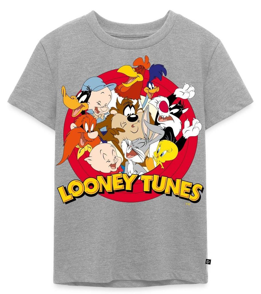 Spreadshirt Looney Tunes Bugs Bunny Logo Gruppenbild Kinder Premium T-Shirt, 134/140 (8 Jahre), Grau meliert