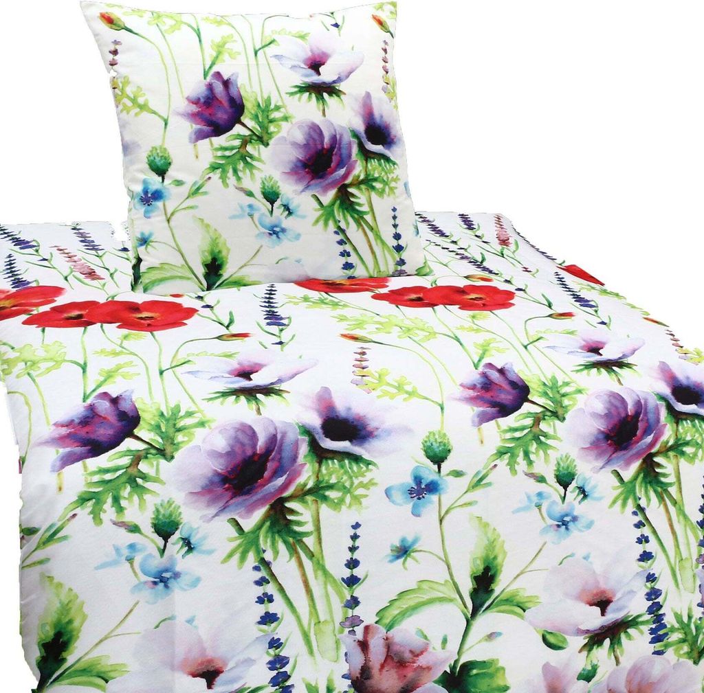 Mikrofaser Satin Bettwäsche  Blumenwiese 135x200 80x80 Set Produktbild 