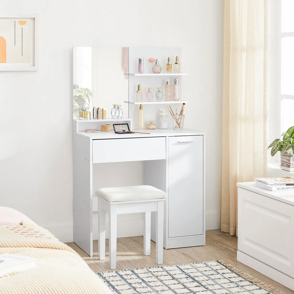 Table de Maquillage avec Miroir Coiffeuse Blanche pour Routine de Soins - 11