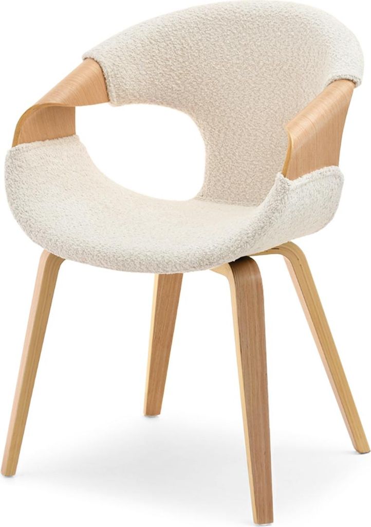 A cream-colored armchair with wooden legs on a white background.