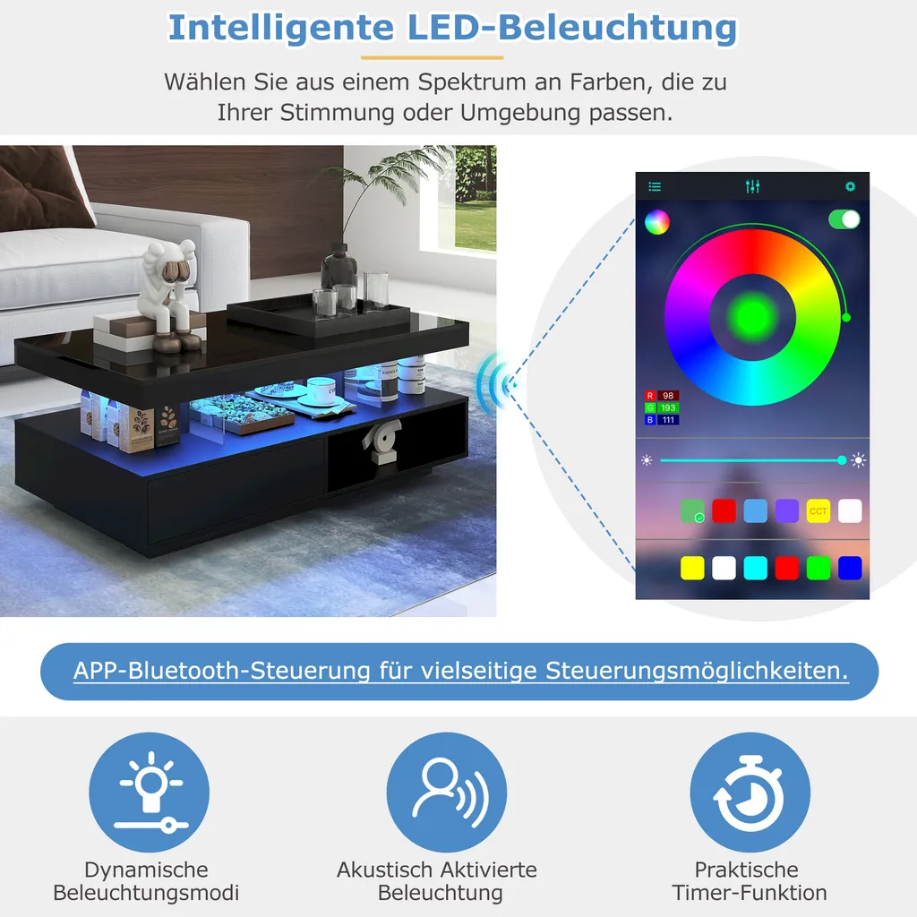 Table Basse pour Salon Moderne avec Éclairage LED et Grand Rangement