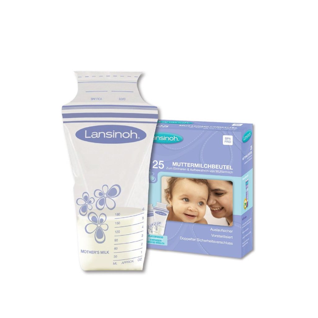 A Lansinoh breast milk storage bag and a box of Lansinoh breast milk storage bags are shown against a white background.