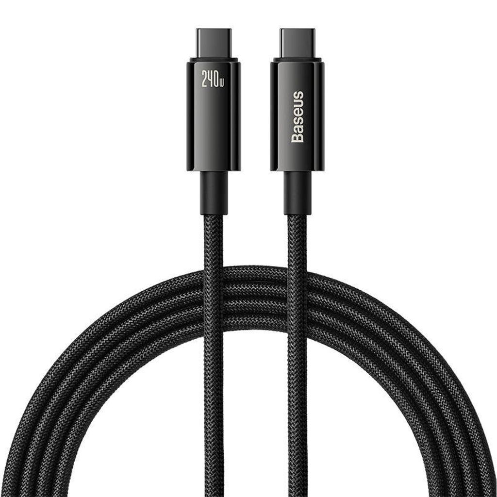 A black USB-C to USB-C cable with two connectors, one labeled '240w' and the other with the 'Baseus' logo, against a white background.