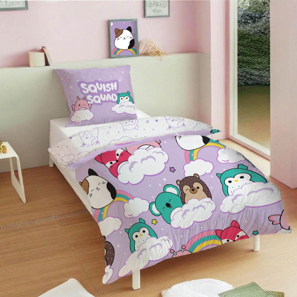 Squishmallows Bettwäsche Set 2-teilig 135x200 80x80 cm aus 100% Baumwolle - Mädchenbettwäsche weiß, lila - Knöpfe, Wendeseite, für Fans und S...