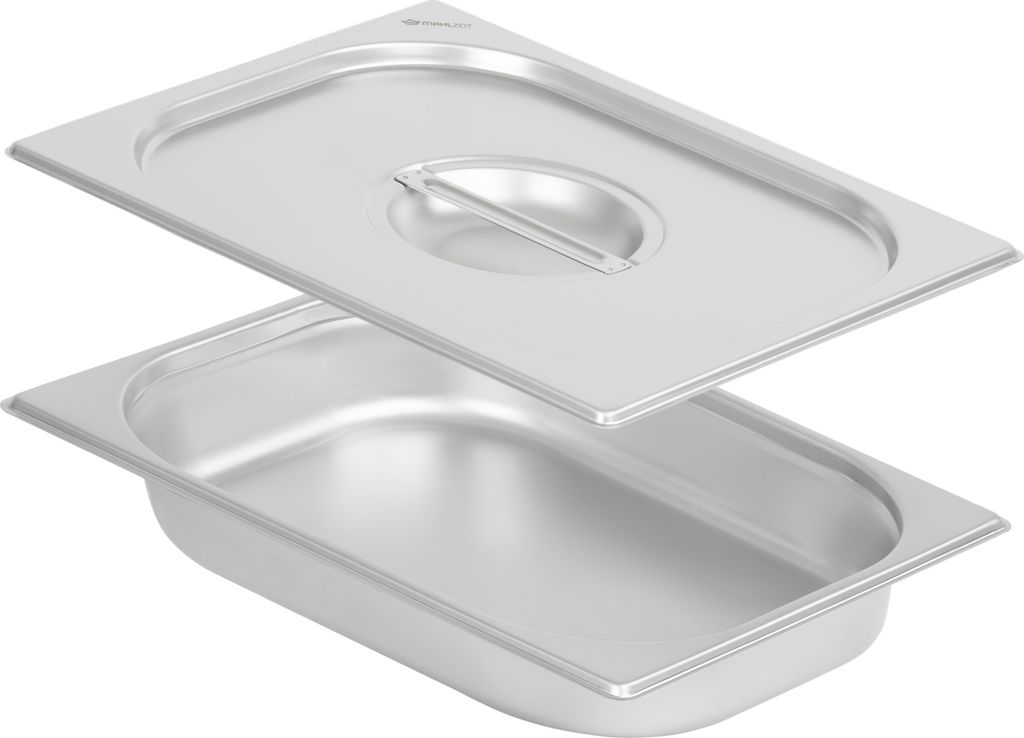 A stainless steel food pan and lid, presented separately.