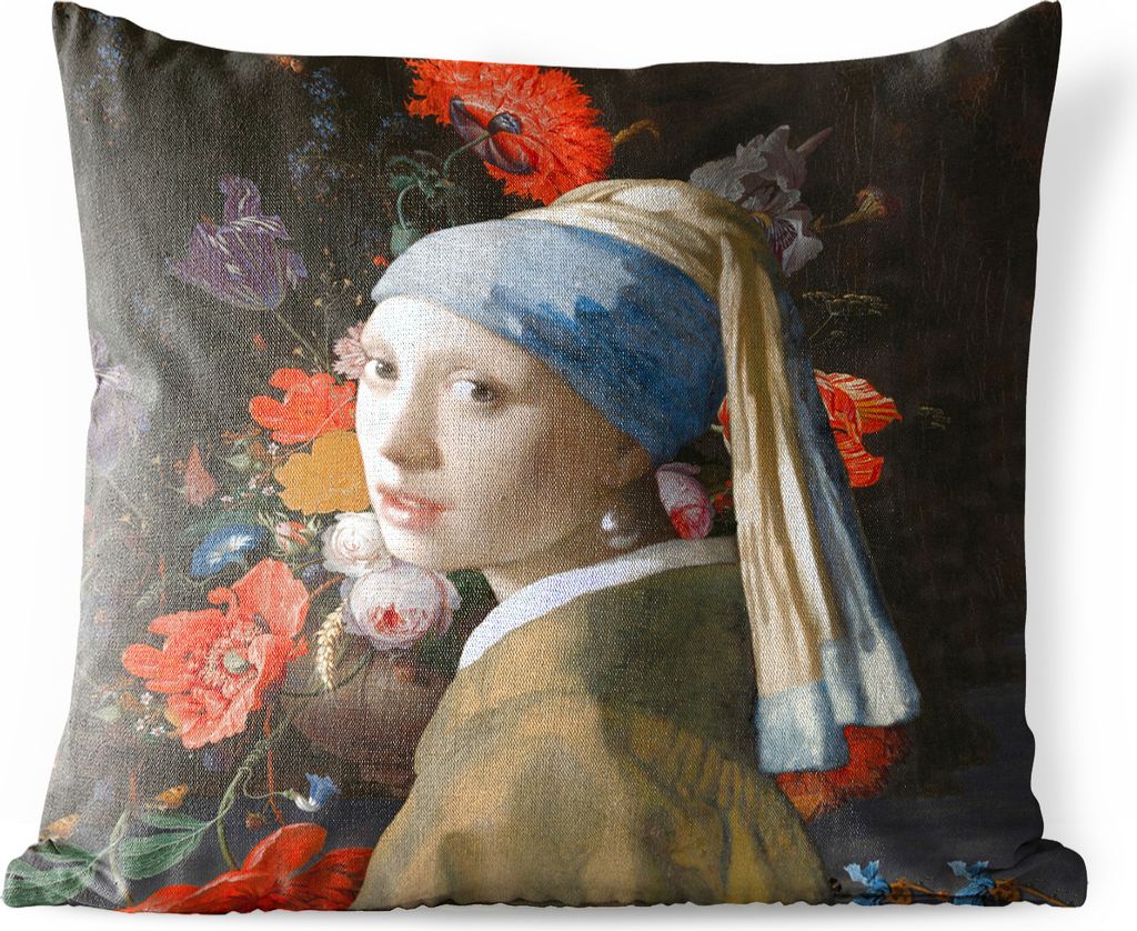 MuchoWow Outdoor Kissen - Das Mädchen mit dem Perlenohrring - Vermeer - Blumen - 50x50 cm - Wetterfest - Lounge Kissen - Komfortabel - Kissen mi...