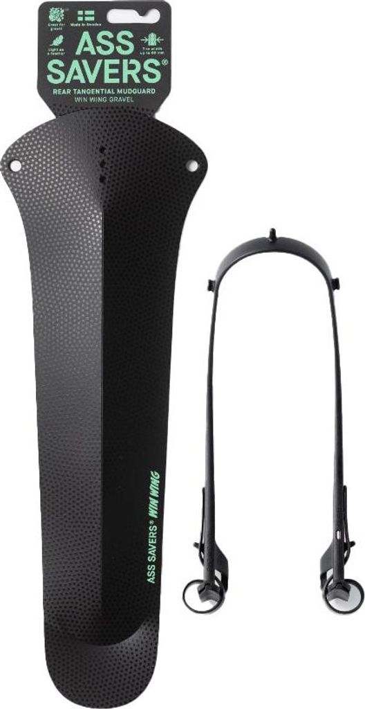 A black bicycle fender and its mounting bracket are displayed against a white background.
