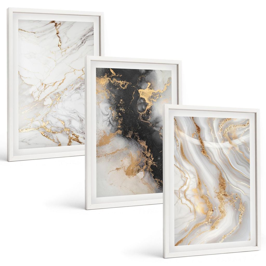 Bilder Set 3-teilig im weißen Rahmen – Wandbilder 3 Stück – gerahmte Poster für Wohnzimmer, Schlafzimmer und Flur – 40x60 cm – Abstrakte...