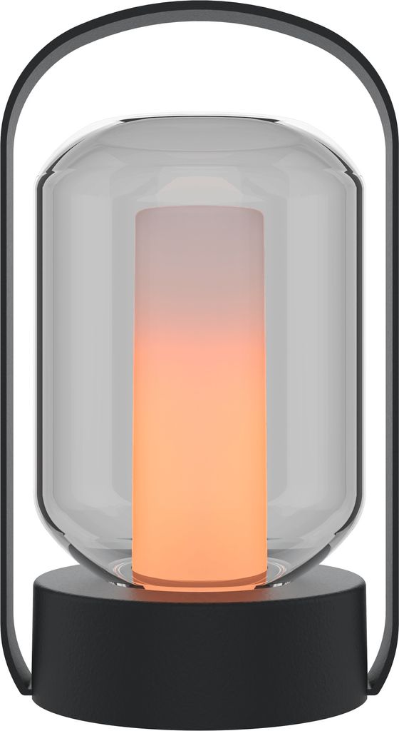 Calex Como Tischlampe, wiederaufladbar, kabellos, dimmbar, Feuereffekt, warmweißes Licht, wasserdicht, Aluminium, Schwarz