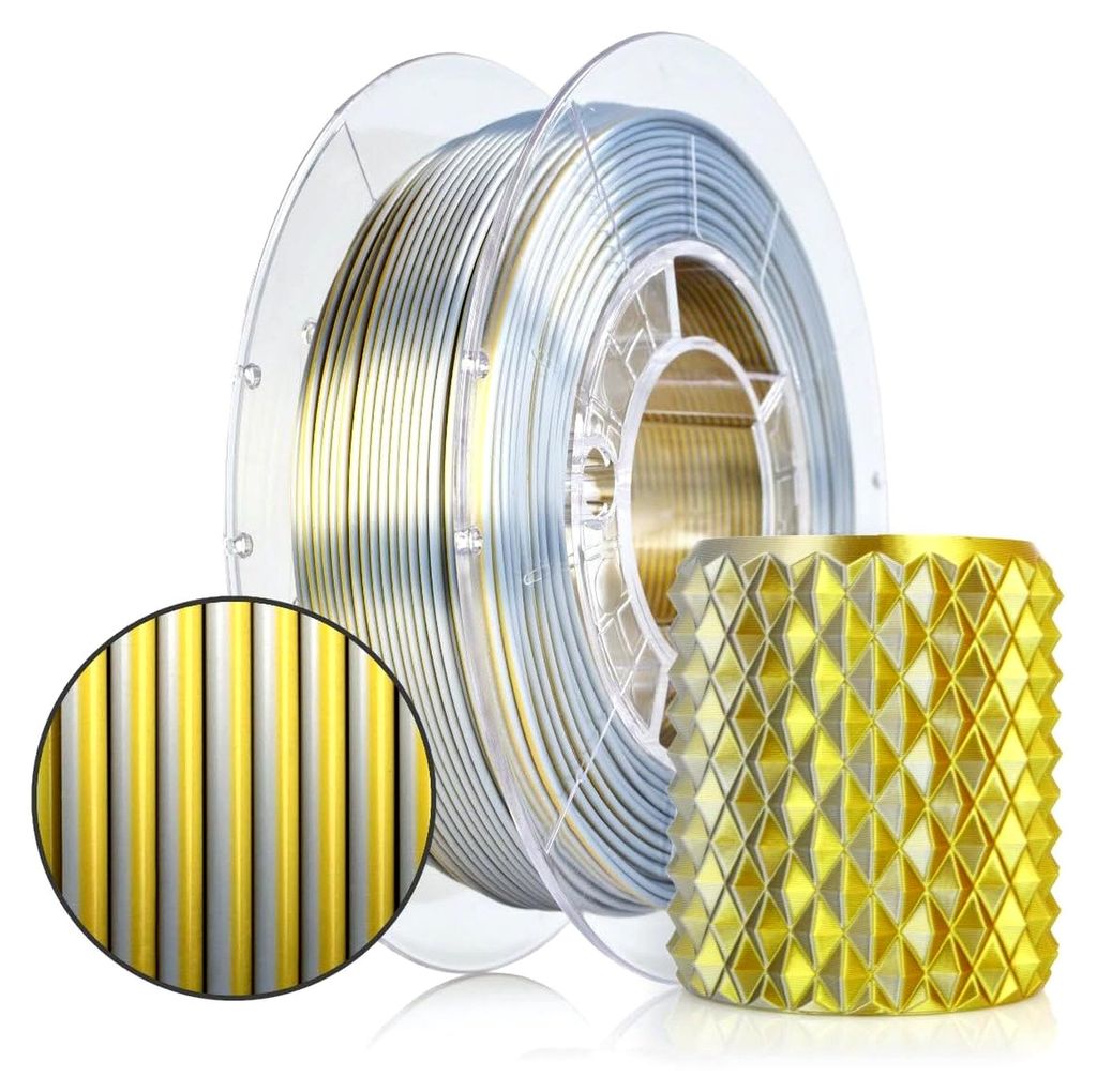 PLA Silk Filament 1,75 mm für 3D-Drucker, Gold Silber Spule 0,3 kg, Zweifarbig