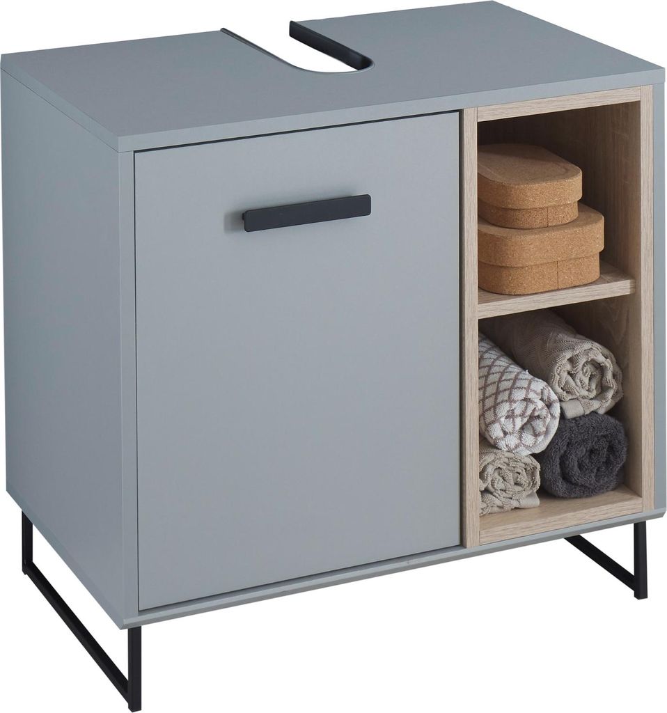 Waschbeckenunterschrank >Tunis< 1 Tür, 2 Fächer, grau matt / sonoma eiche - 65x61x38cm (BxHxT)