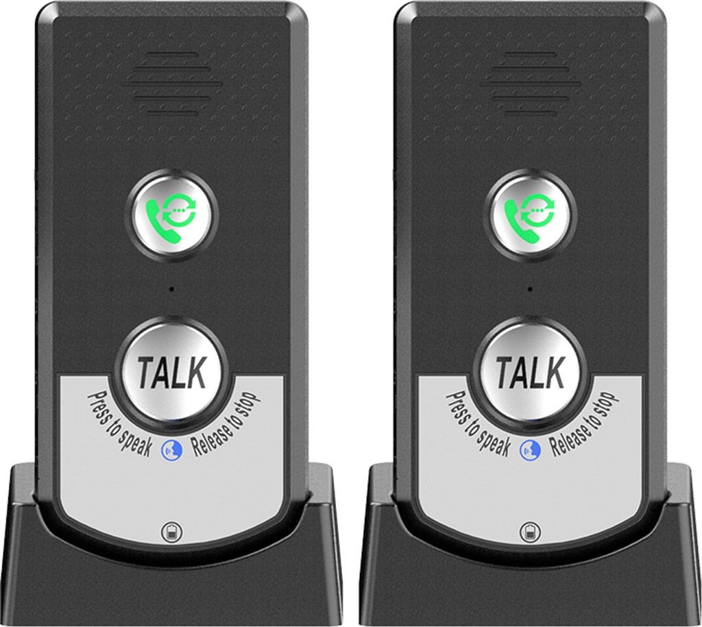 Two wireless intercom units are shown side-by-side on their charging bases.