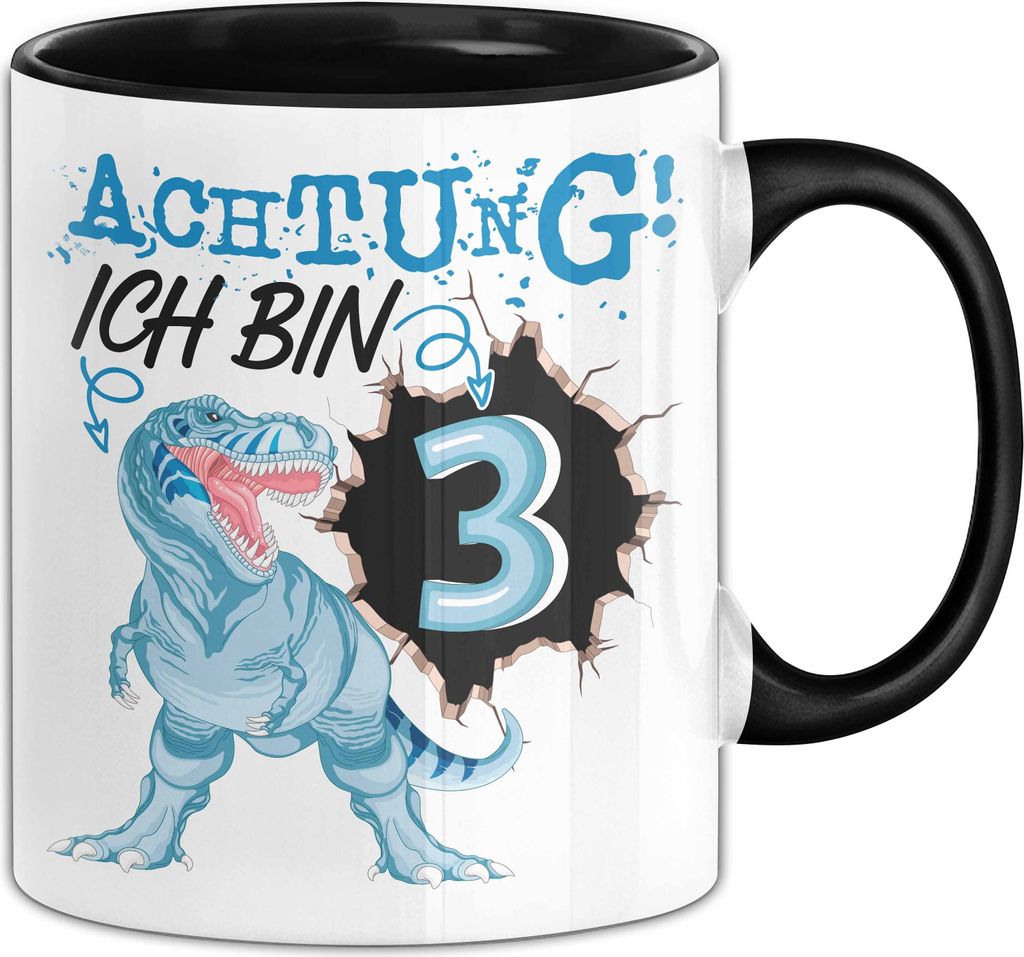 3. Geburtstag Geschenk Tasse Becher Jungs Sohn T-Rex Geburtstagsgeschenk Dinosaurier Achtung Ich bin 3 (Schwarz)