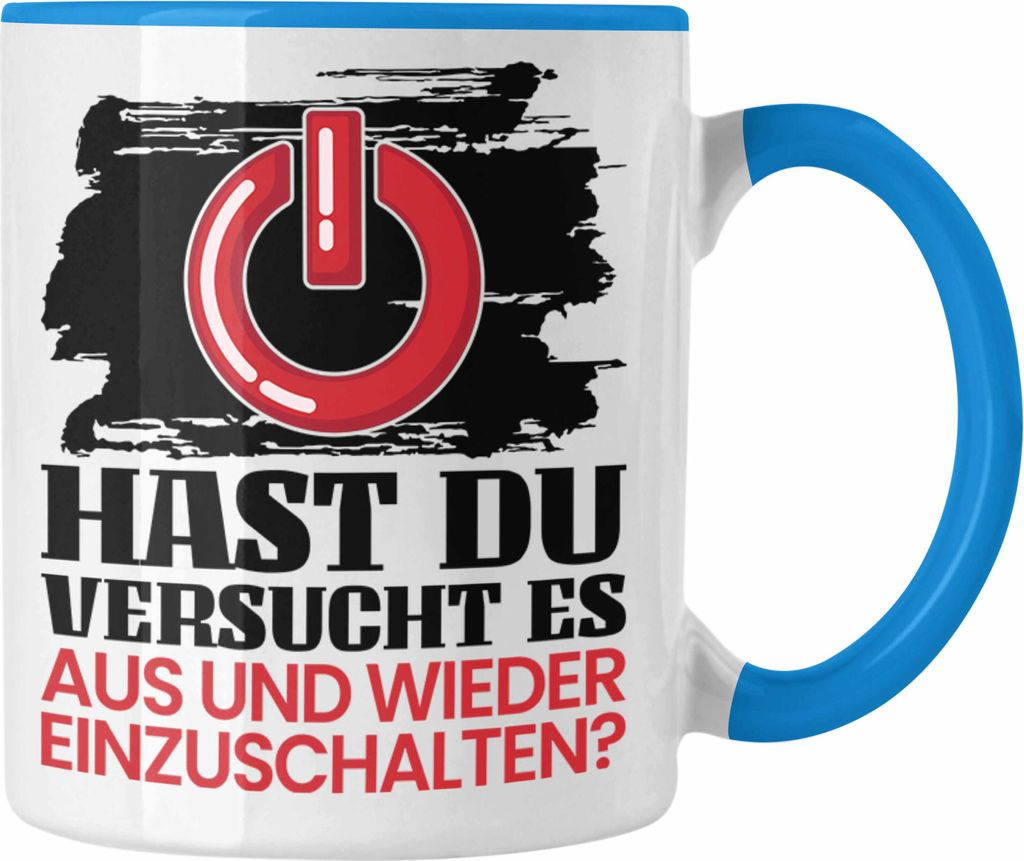 Trendation - IT Techniker Geschenk Tasse IT Support Informatiker Geschenk Lustiger Spruch Männer Aus Und Wieder Einschalten (Blau)