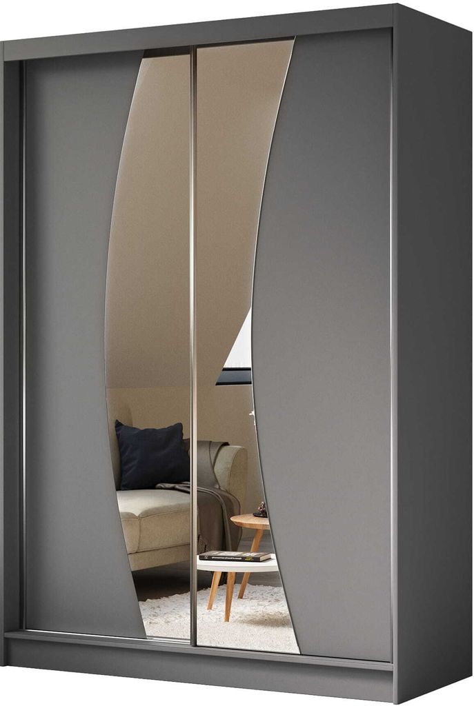 AGMAT Schwebetürenschrank Bergen, Kleiderschrank mit 2 Türen und Spiegel, Moderne Garderobe in Farbe: Graphit / Graphit, Schrank in Größe: 150 ...