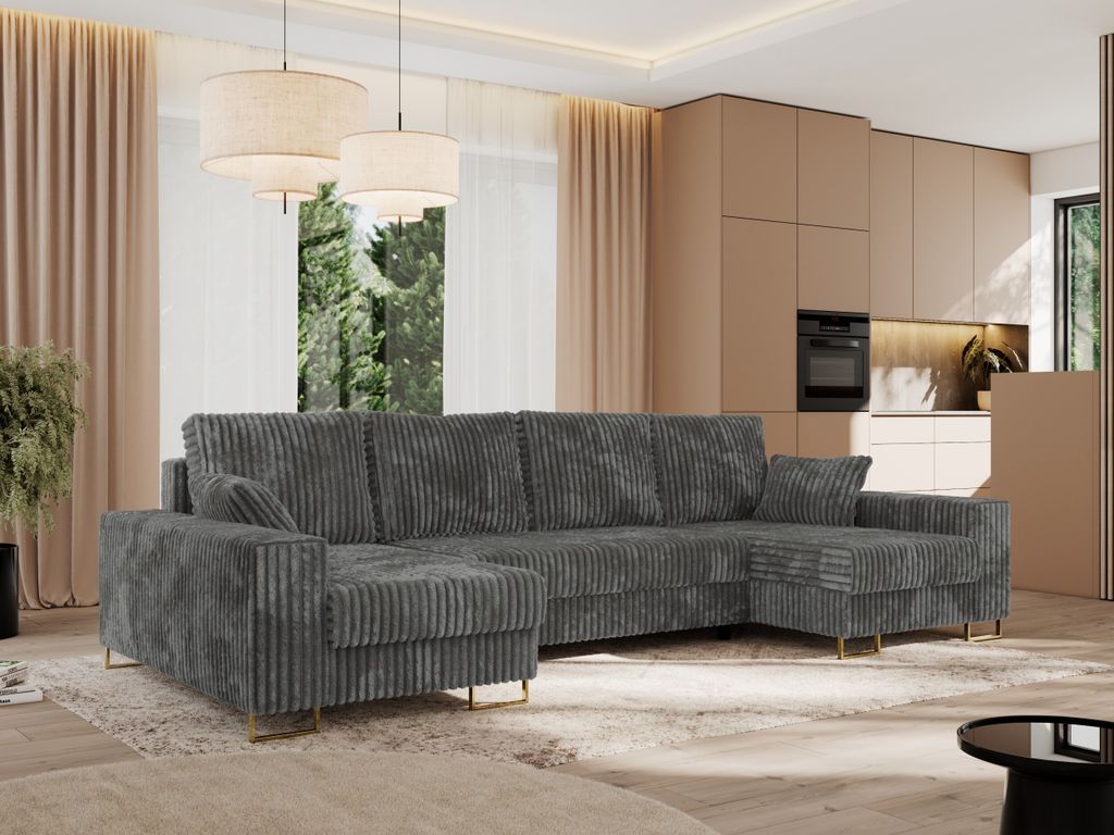 MKS MEBLE Ecksofa U mit Schlaffunktion und Bettkasten, Wohnlandschaft U-form - DORIAN U - Dunkelgrau Cord