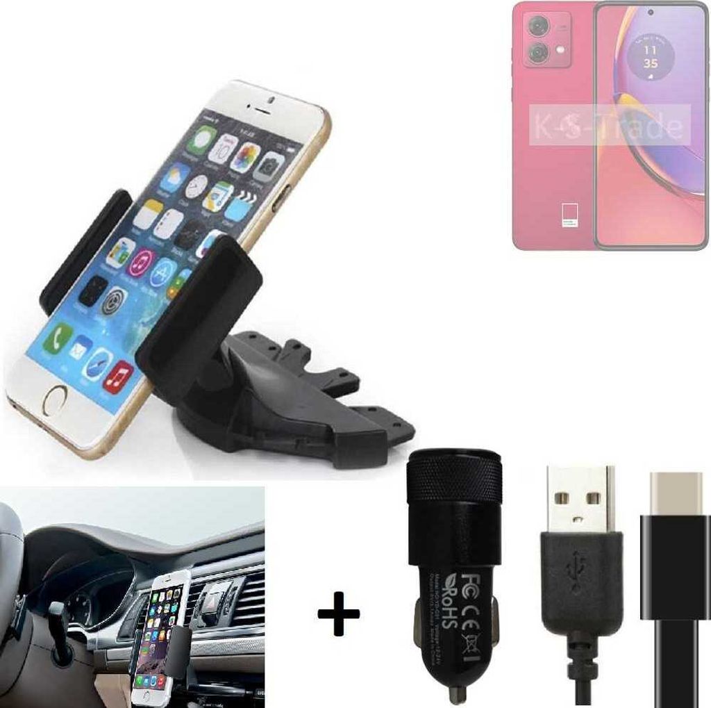 K-S-Trade CD Schlitz Handy-Halterung kompatibel mit Motorola Moto G84 5G Autohalterung KFZ-Halter Radio Handy Halterung 360° drehbar CD-Schacht inkl.