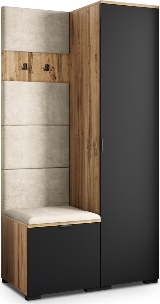 Masseno Garderobe-Set LORI 95/181/51 cm Modern Garderobenschrank Eiche Wotan, Veloursstoff MONOLITH 04 (Beige)
