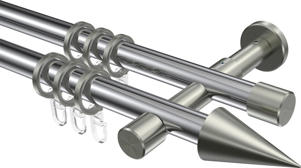 Interdeco Gardinenstange / Vorhangstange Chrom / Edelstahl-Optik, Typ Prestige Savio (Kegel), 20 mm Ø 2-läufig, 140 cm