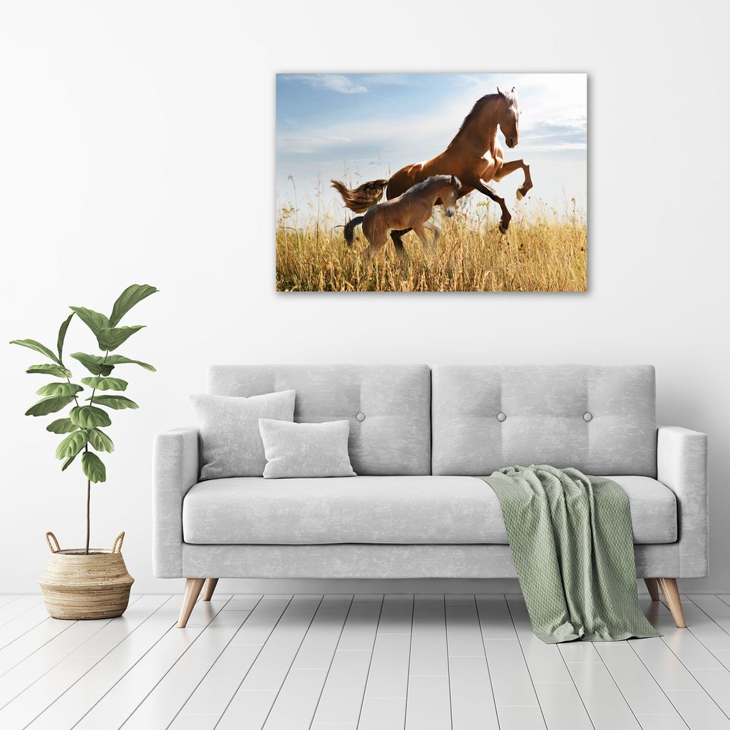Tulup Glas-Bild - 100 x 70 - Wandbild aus Glas - Wandkunst - Wandbild hinter gehärtetem Sicherheitsglas - Tiere - Stute mit Fohlen - Braun