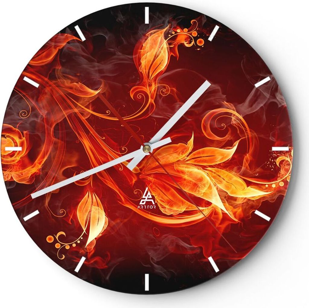 Wanduhr - Rund - Glasuhr - Blätter Feuer Muster - 40x40cm - Schleichendes Uhrwerk - Lautlos - zum Aufhängen bereit - Dekoration Modern - Wanddeko...