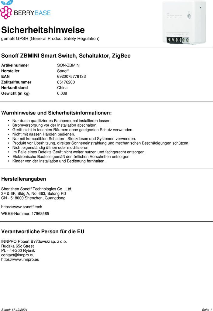 SONOFF ZBMini ZigBee Smart Switch - Schaltaktor - Zigbee Produktbild 12