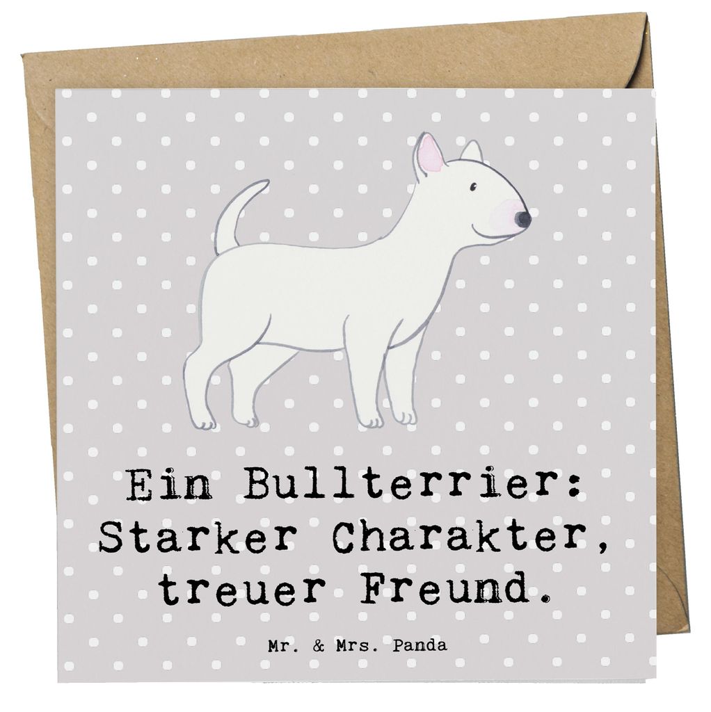Mr. & Mrs. Panda Grußkarte Bullterrier Freund - Grau Pastell - Geschenk, Glückwunschkarte, Hunderassen, faltkarte, Hunderasse, Klappkarte, treuer...