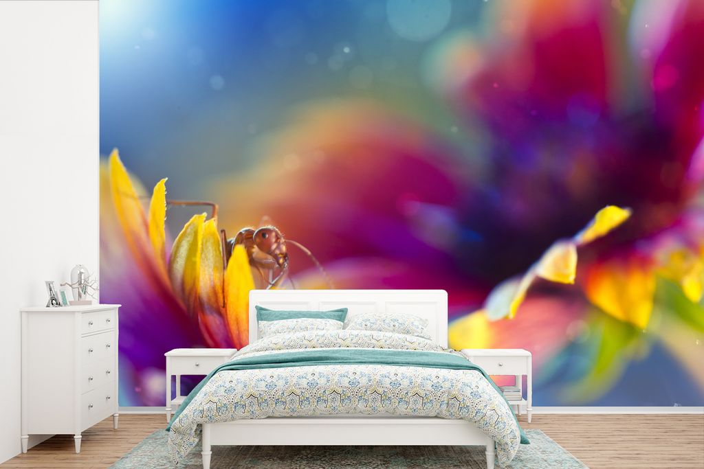 MuchoWow Fototapete für Wohnzimmer oder Schlafzimmer Wandtapete Vinyl Motivtapete Ameise - Blumen - Regenbogen - 420x280 cm - Zimmer für Kinder