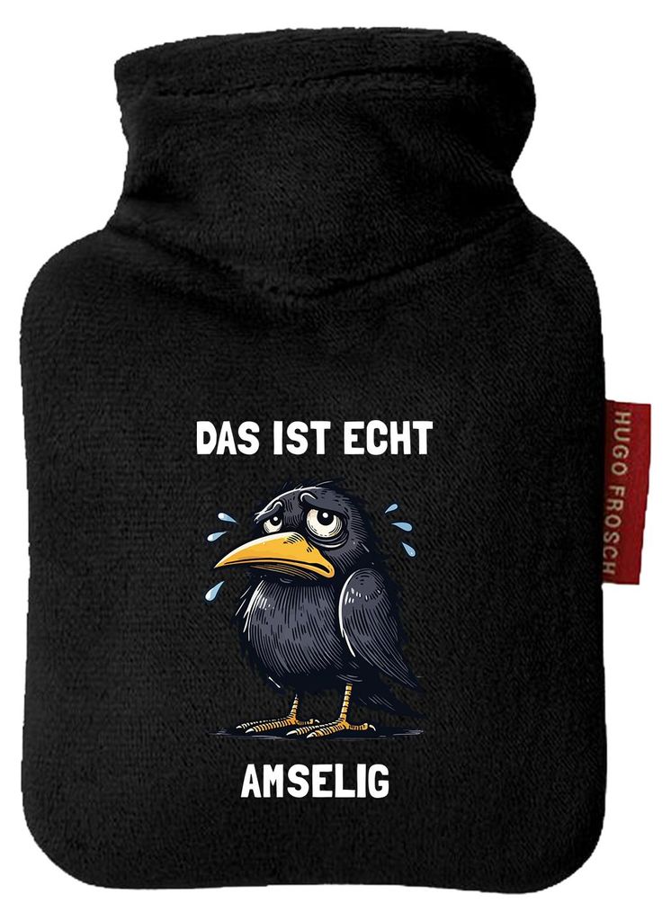 Huuraa Mini-Wärmflasche Das ist echt Amselig Amsel Meme 0,2 Liter Black Mini Veloursbezug Taschenwärmer Geschenkidee