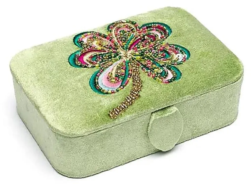 Coffret de Rangement Tarot en Velours Vert et Broderie Trèfle de Chance