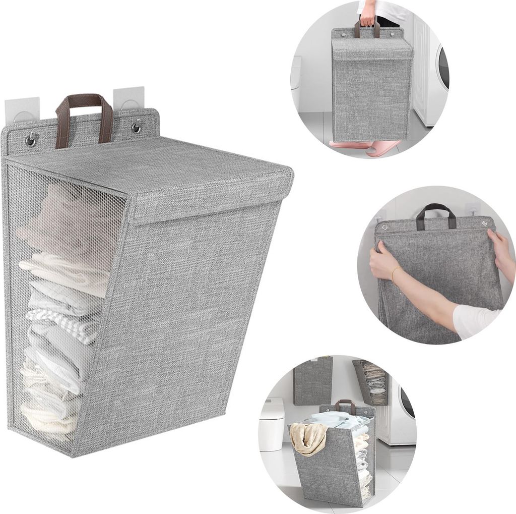 OKWISH Wäschekörbe Faltbarer – Haushalts-Wäschesammler, Wandhängender Wäschekorb, Grau