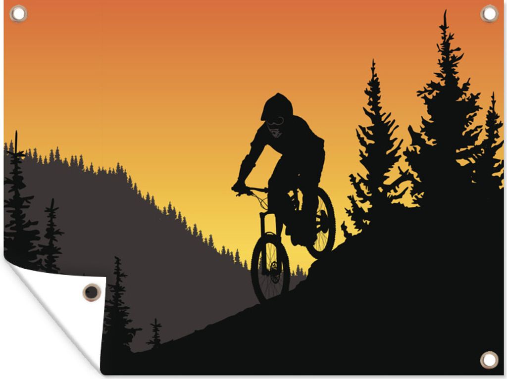 MuchoWow 80x60 cm Outdoor-Poster Gartendeko Sichtschutz Garten Poster für den Garten Eine Illustration des Mountainbikens in der Dämmerung