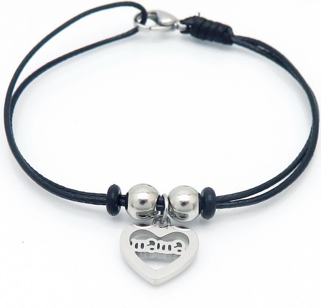 Armband schwarz mit silbernem Herz-Anhänger "mama" aus Edelstahl Damen