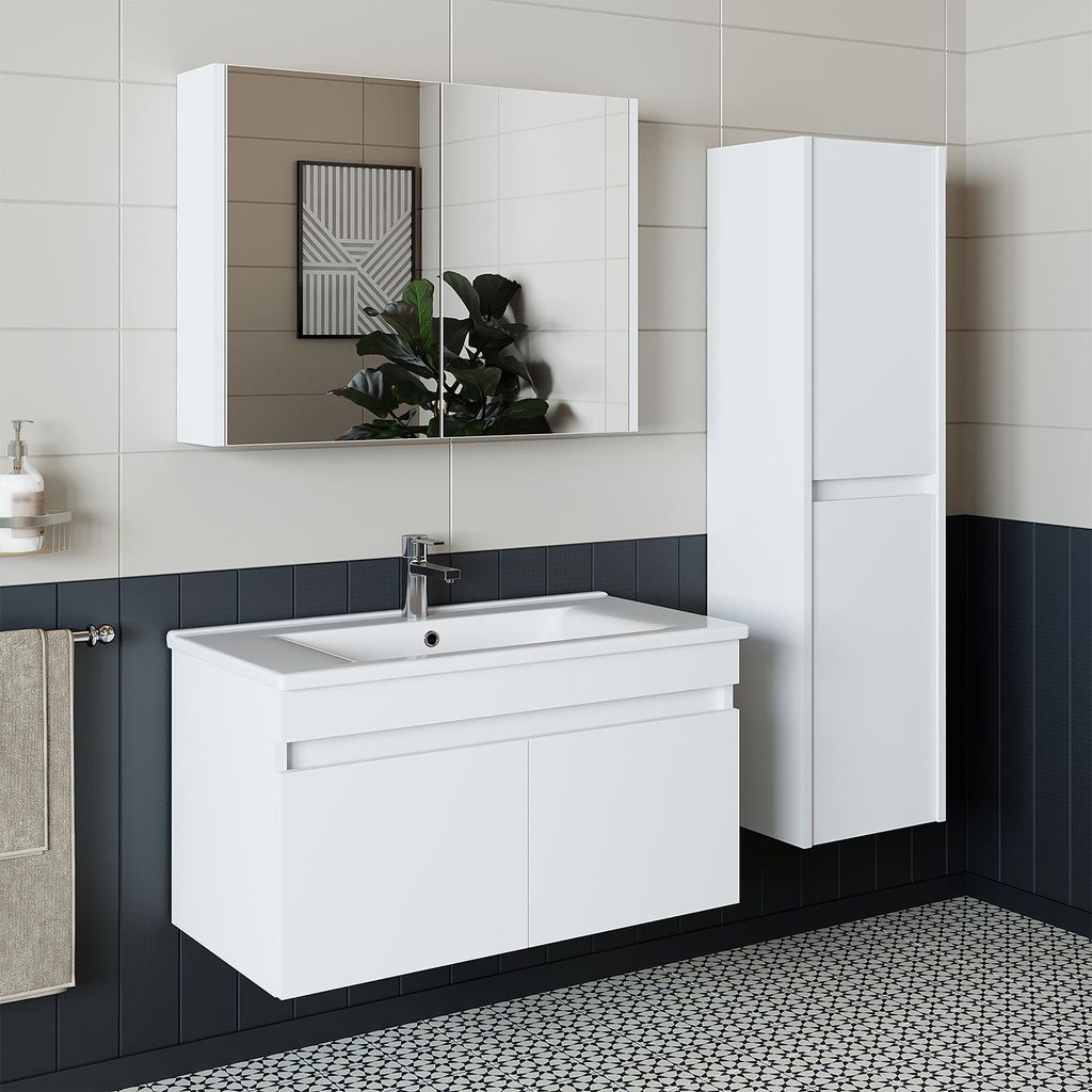 Roomart ATRIA-85 Badmöbel Set– 4-teiliges Badezimmermöbel Set - Waschbeckenunterschrank mit Keramikwaschbecken, Spiegelschrank & Hochschrank - ...