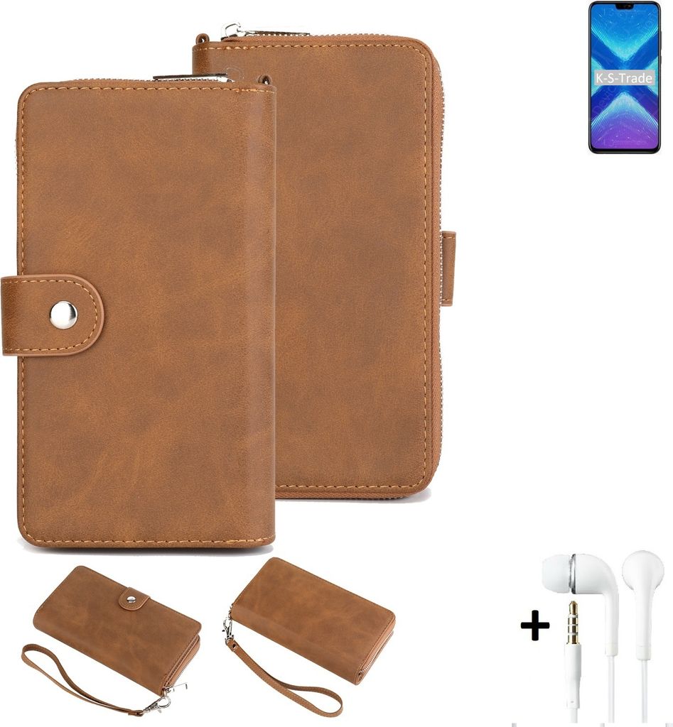 K-S-Trade Handy Schutz Hülle kompatibel mit Huawei Honor 9x Lite + Kopfhörer Portemonnee Tasche Wallet-Case Bookstyle-Etui braun (1x)