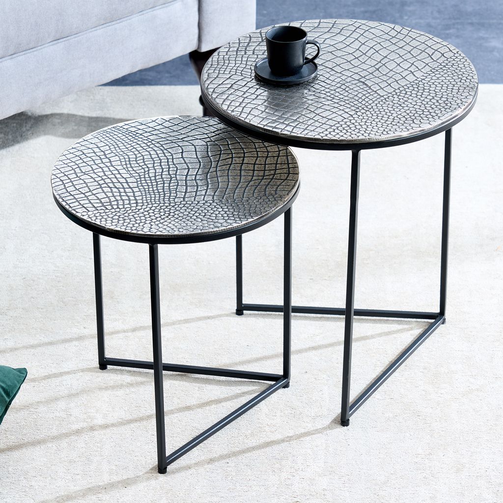 riess-ambiente Rundes 2er Set Beistelltisch ELEMENTS 40cm silber antik Krokodil-Design Couchtisch Tisch