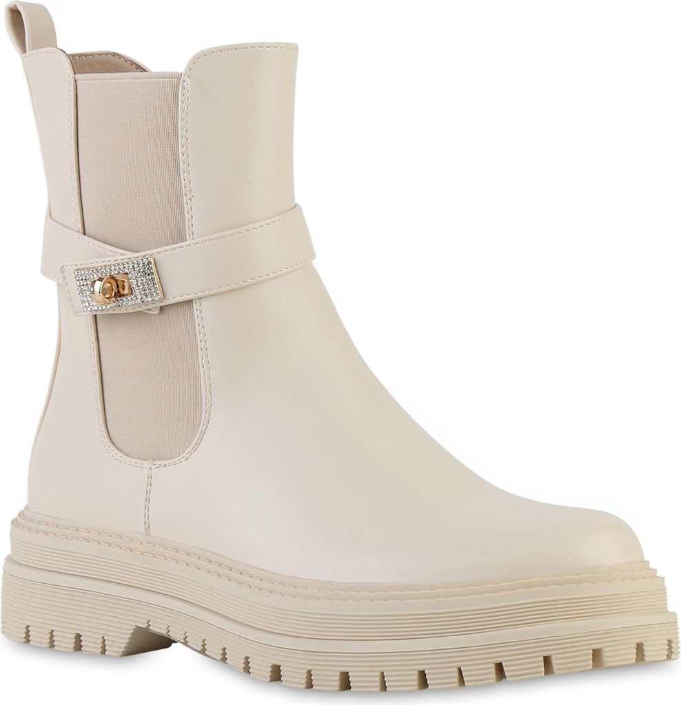 VAN HILL Damen Leicht Gefütterte Biker Boots Stiefeletten Schnallen Schuhe 841822, Farbe: Beige, Größe: 39