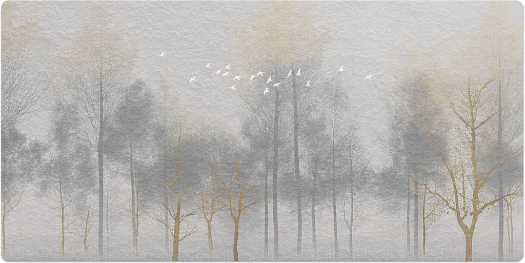 Nebliger Wald Mit Vögeln– Schreibtischunterlage – Schreibtisch Tischunterlage – 100x50 cm – Unterlage Groß Schreibtischmatte