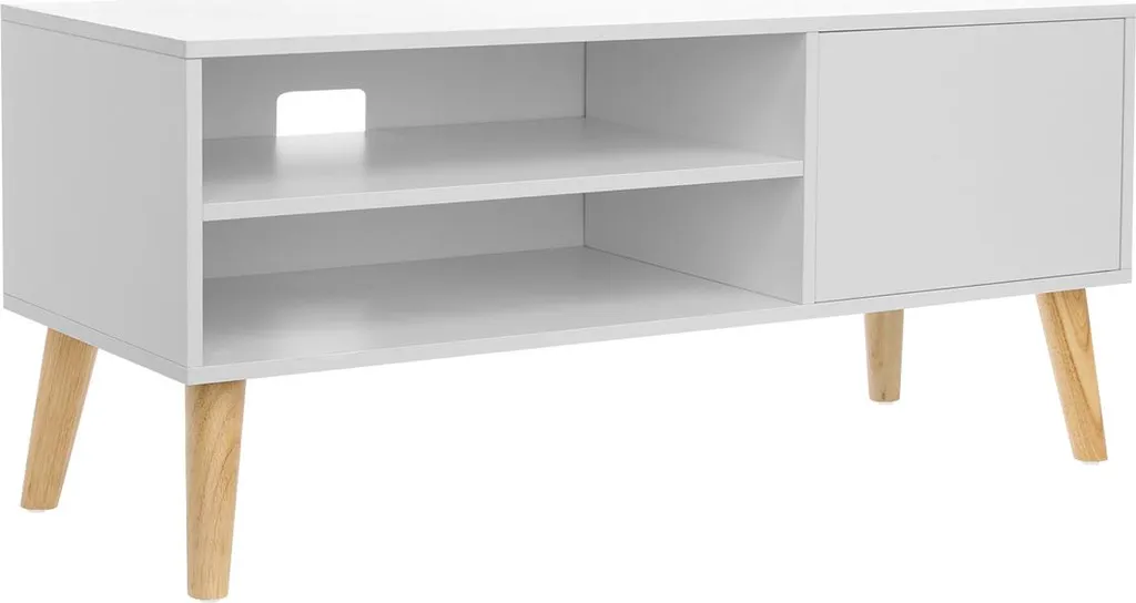 Banc TV blanc style scandinave avec rangements et niches bois clair 140cm