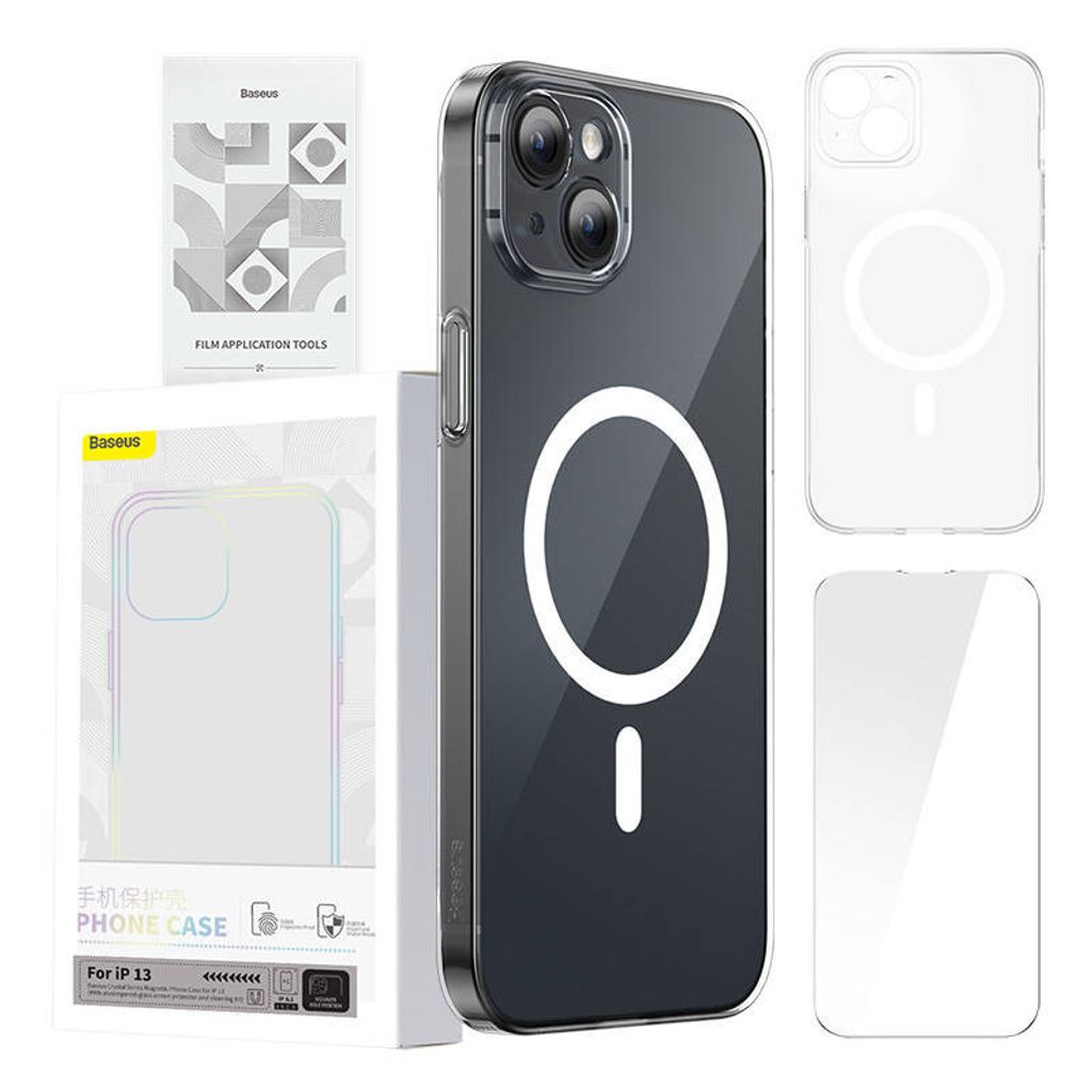 Baseus Apple Case Magnetic Crystal Clear iPhone 13 (transparent) + gehärtetes Glas + Reinigungsset