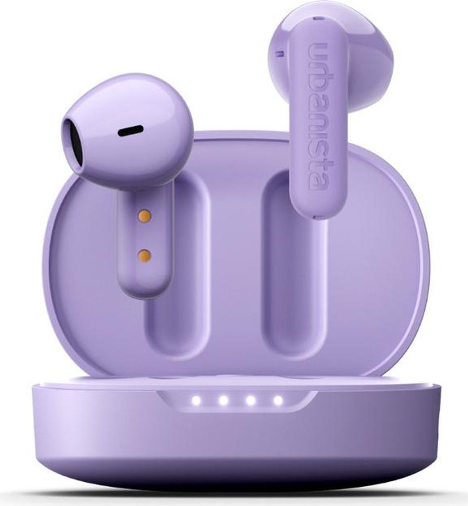 A pair of violet wireless earbuds and their charging case are displayed against a white background.