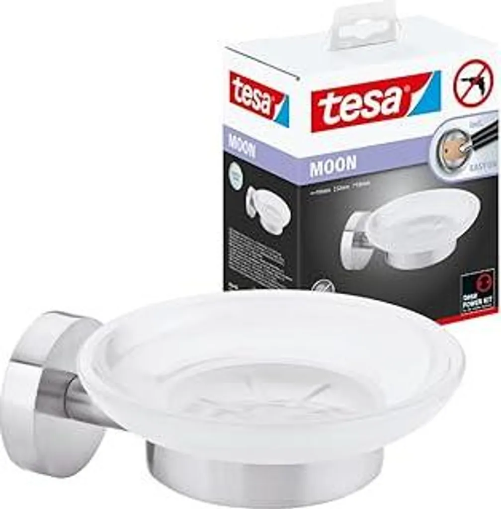 Portasapone tesa Moon con supporto a parete, vetro satinato e acciaio inossidabile cromato - per il fissaggio a parete senza forature, soluzione adesiva inclusa - 110 mm x 52 mm x 130 mm