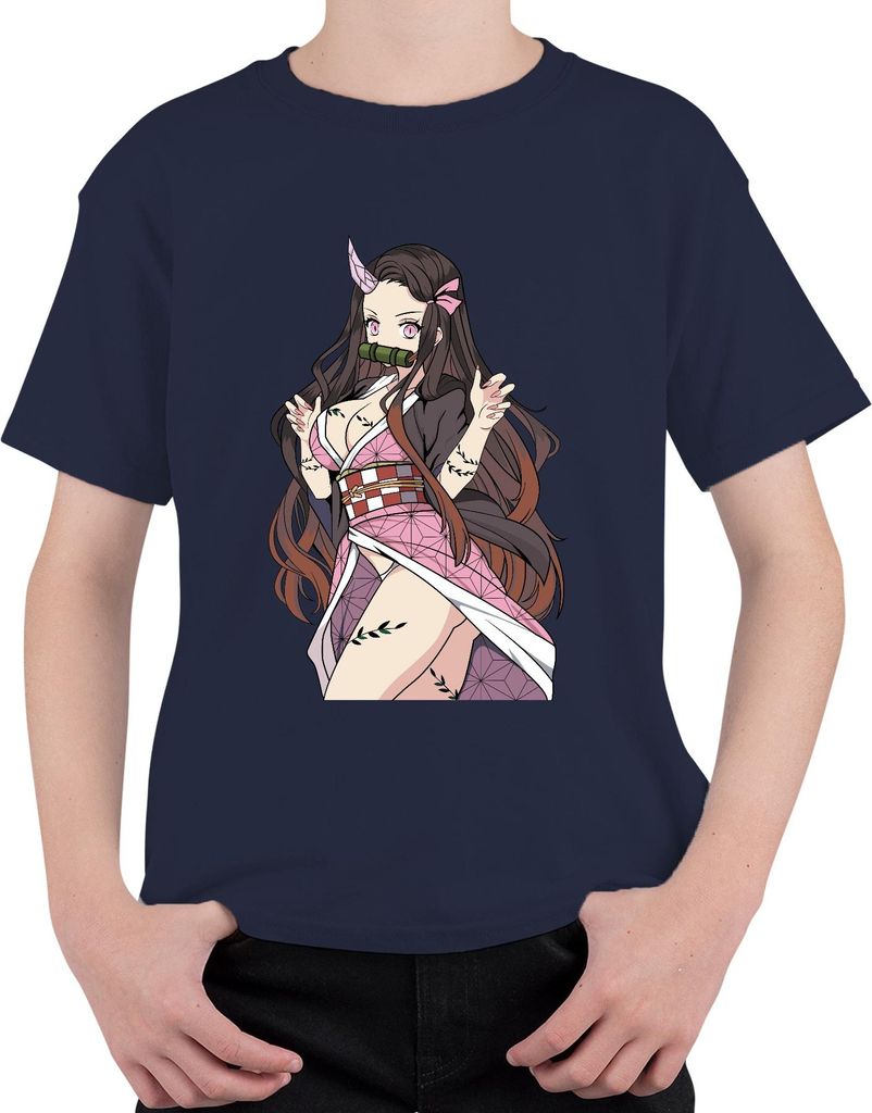 Nezuko Dämonin Bambusknebel Anime Cosplay Geschenk Manga süß Uni Kinder T-Shirt, Navy, 128