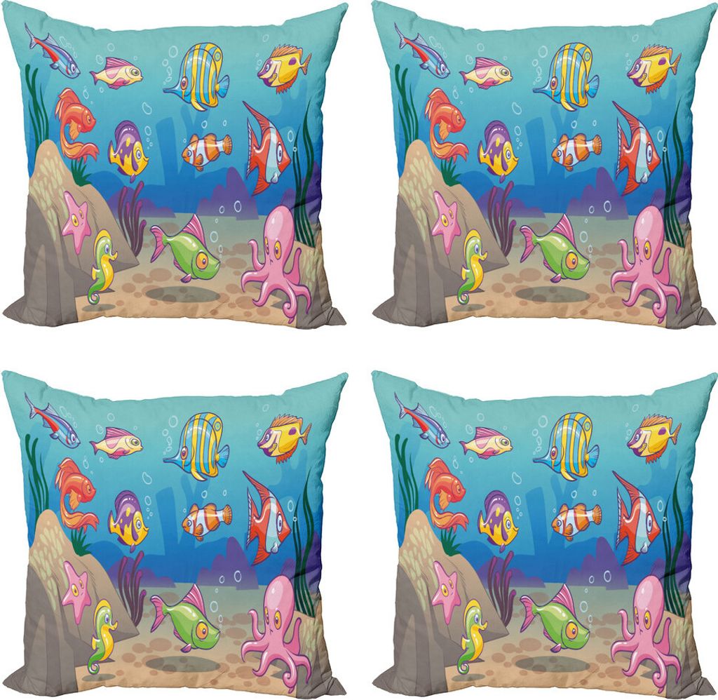 ABAKUHAUS Unter dem Meer Kissenbezug Set (4 Stück), Bunt Under Sea, Moderner Doppelseitiger Digitaldruck, 60 cm x 60 cm, Sea Blue Multicolor